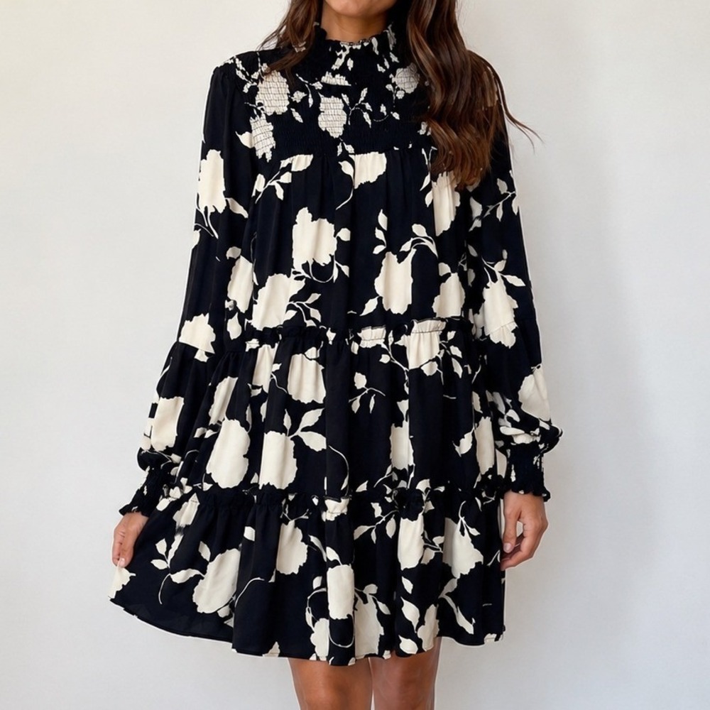 Miss Sparkling Floral Smocked Tiered Mini Dress Medium Cottagecore Boho